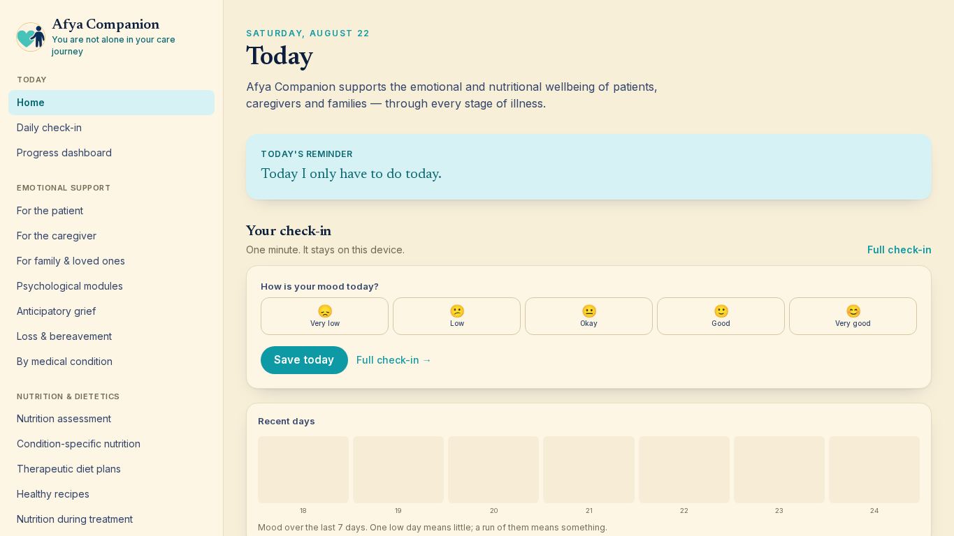Afya Companion — You are not alone in your care journey desktop preview captured by PWAs.app