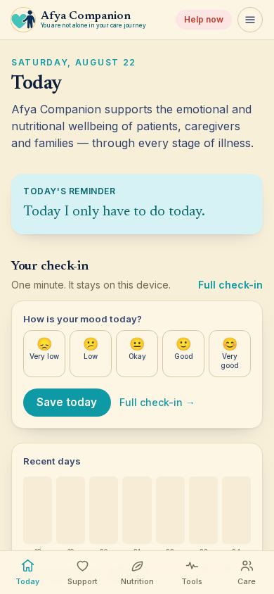 Afya Companion — You are not alone in your care journey mobile preview captured by PWAs.app