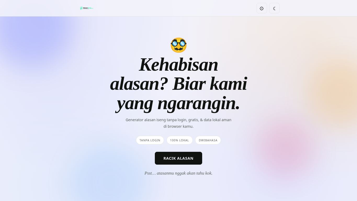 Alasandong — Generator Alasan Iseng desktop preview captured by PWAs.app