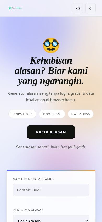 Alasandong — Generator Alasan Iseng mobile preview captured by PWAs.app