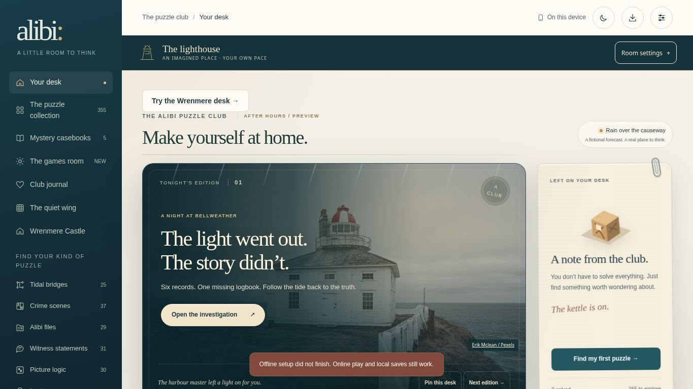 Alibi · A little room to think desktop preview captured by PWAs.app