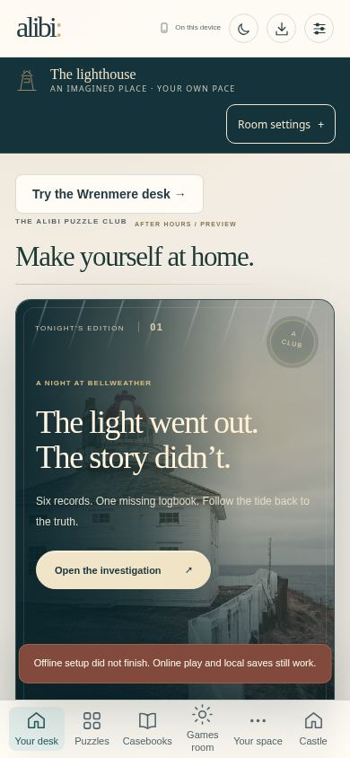 Alibi · A little room to think mobile preview captured by PWAs.app