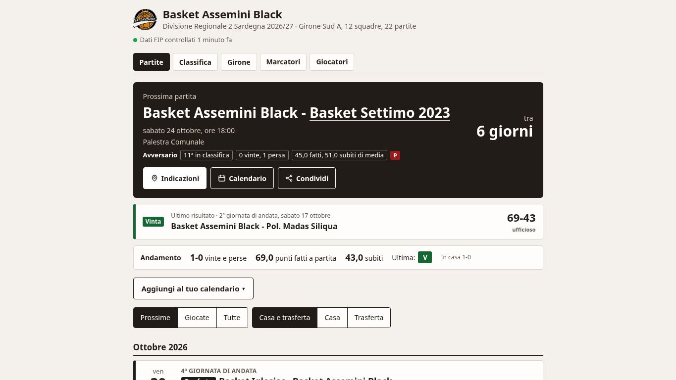 Basket Assemini Black, Divisione Regionale 2 2026/27 desktop preview captured by PWAs.app