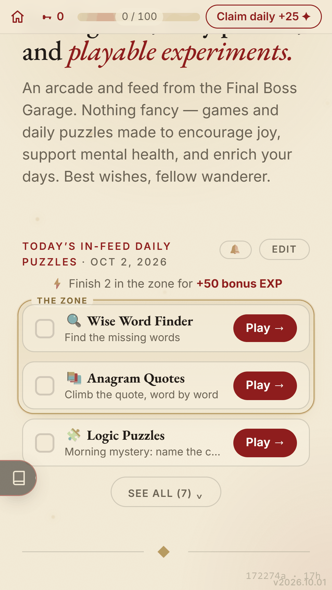 The Bossfeed homepage: today's puzzles and the feed