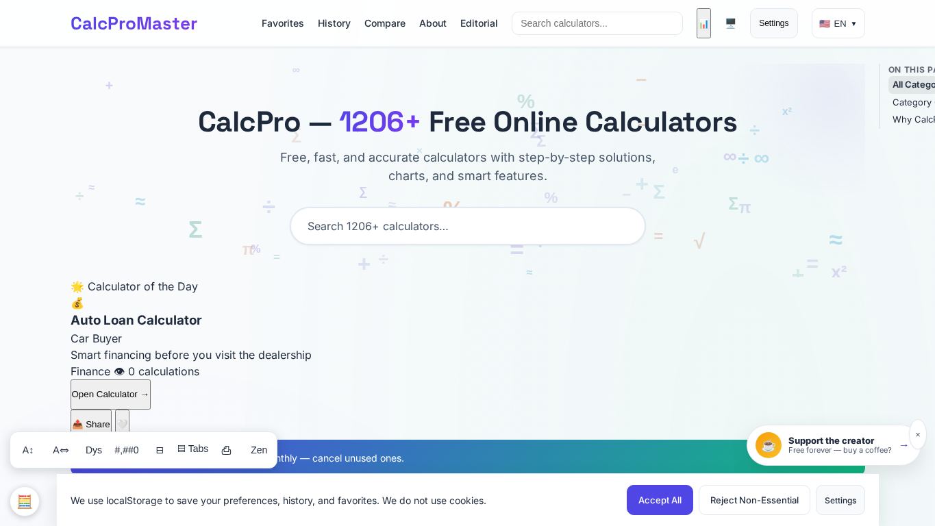 CalcProMaster - 1206+ Free Online Calculators desktop preview captured by PWAs.app