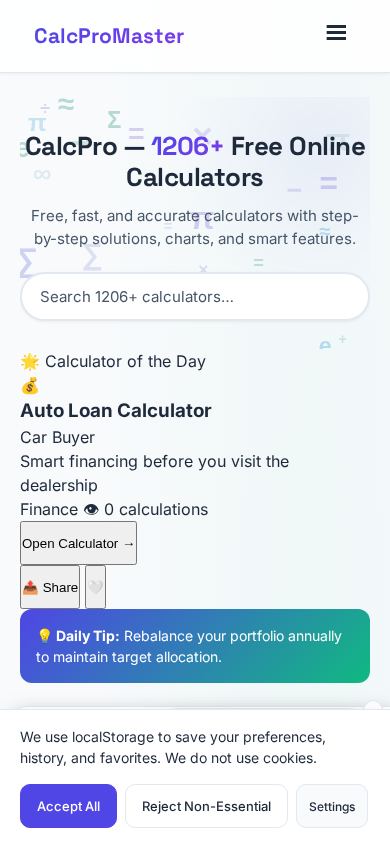 CalcProMaster - 1206+ Free Online Calculators mobile preview captured by PWAs.app
