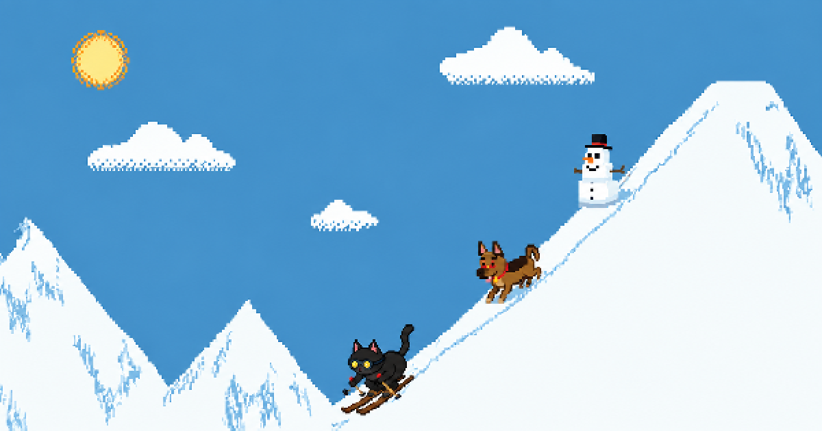 Cat Ski alpine scene with a black skiing cat, German shepherd and snowman