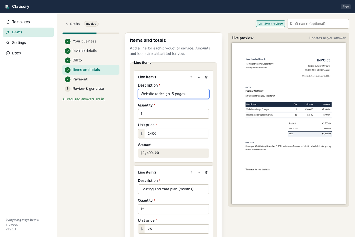 An invoice being filled in