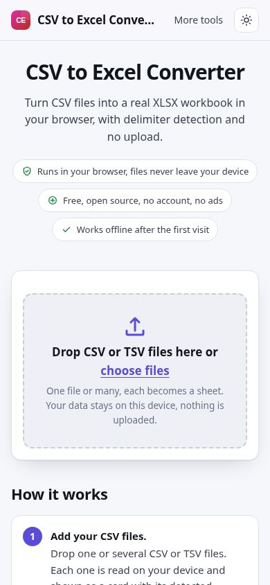 CSV to Excel Converter mobile preview captured by PWAs.app