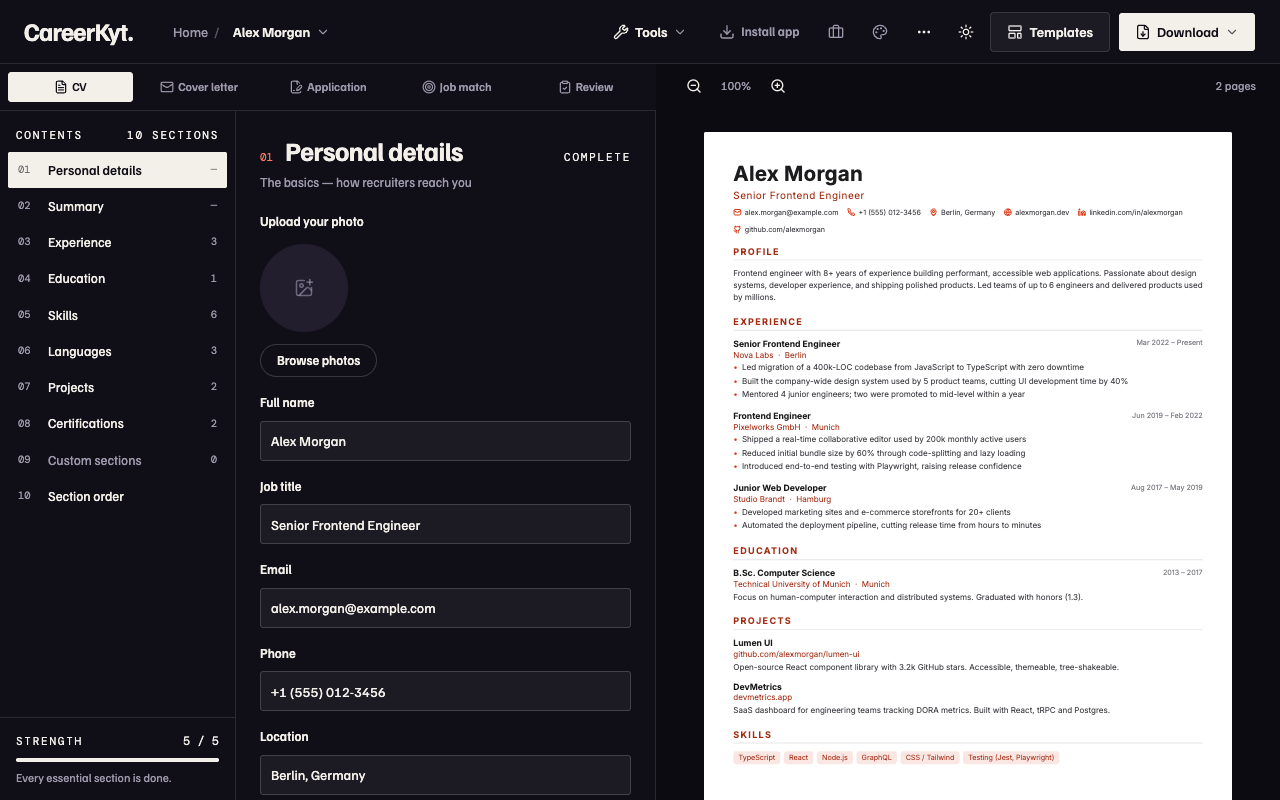 Filling in a CV, with the page updating beside the form