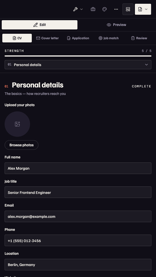The CV builder on a phone