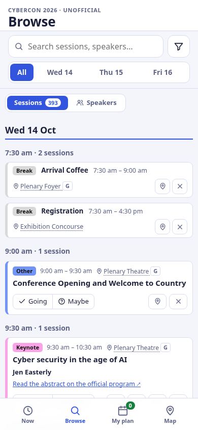 CyberCon 2026 Planner (unofficial) mobile preview captured by PWAs.app