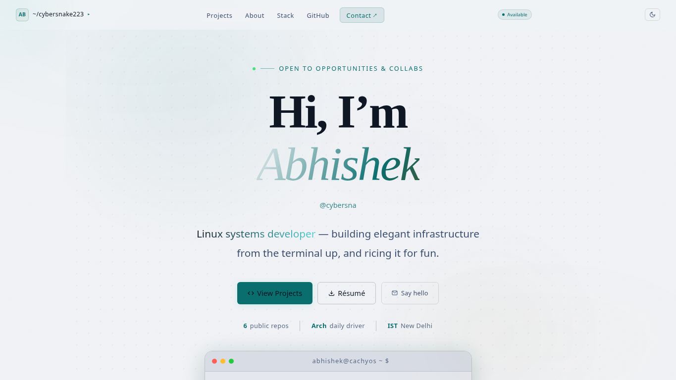 Abhishek Aryan — Linux Developer desktop preview captured by PWAs.app