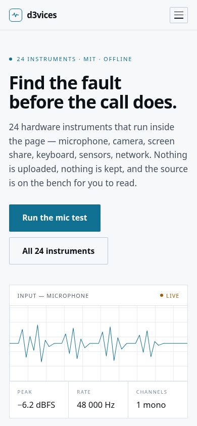 d3vices — hardware diagnostics mobile preview captured by PWAs.app