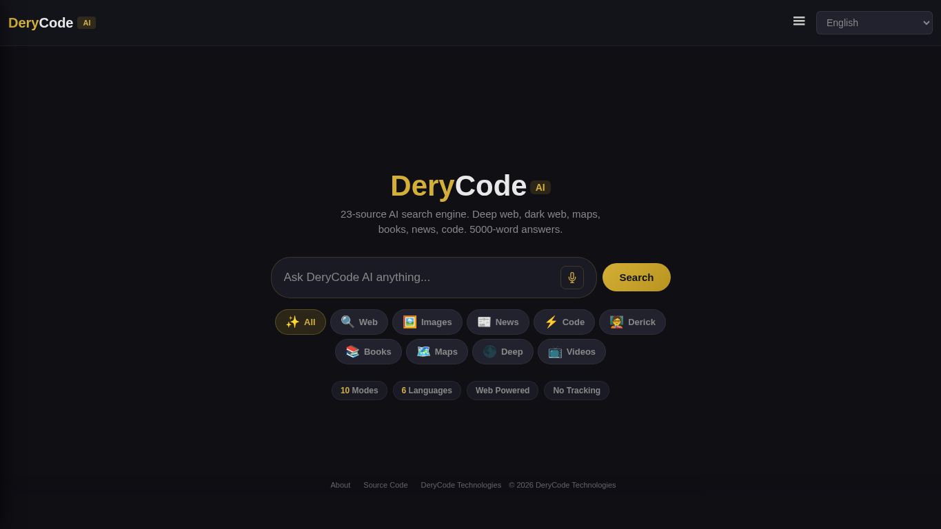 DeryCode AI — Private Search Engine desktop preview captured by PWAs.app