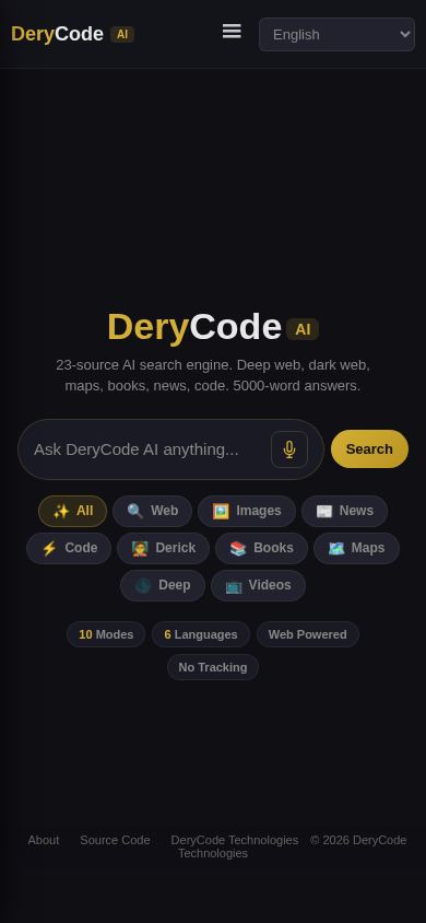 DeryCode AI — Private Search Engine mobile preview captured by PWAs.app