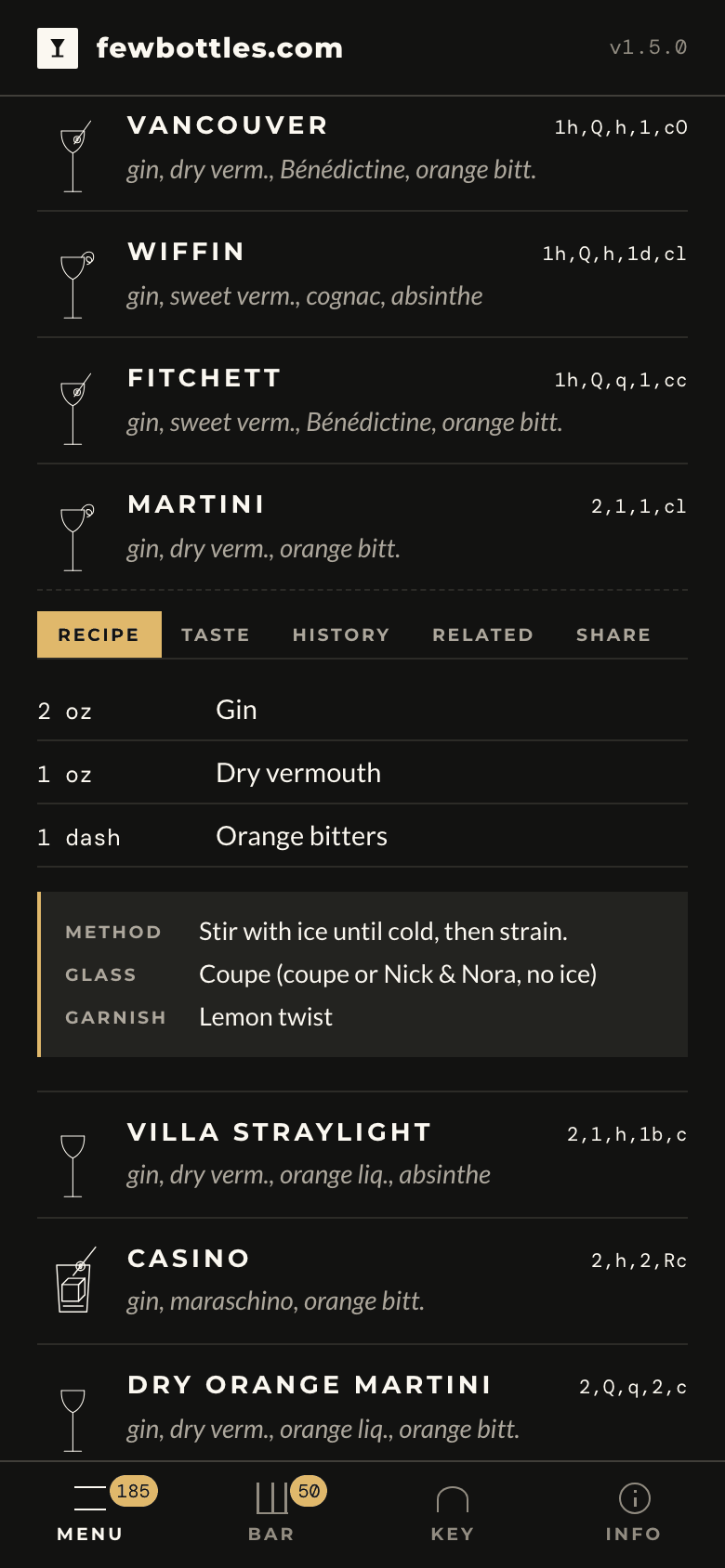 The menu on a phone, a Martini open on its recipe