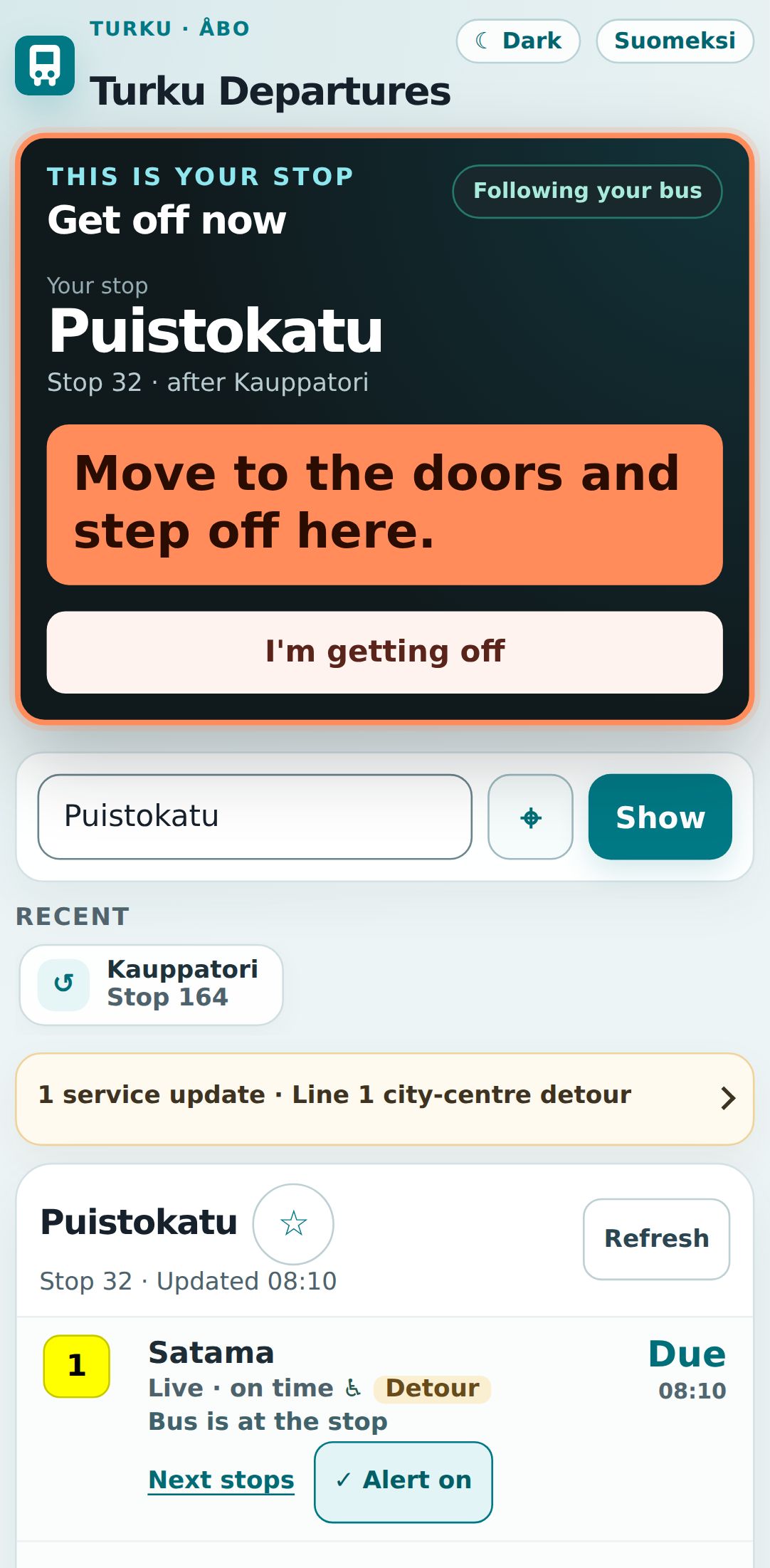 Turku Departures get-off alert: Get off now