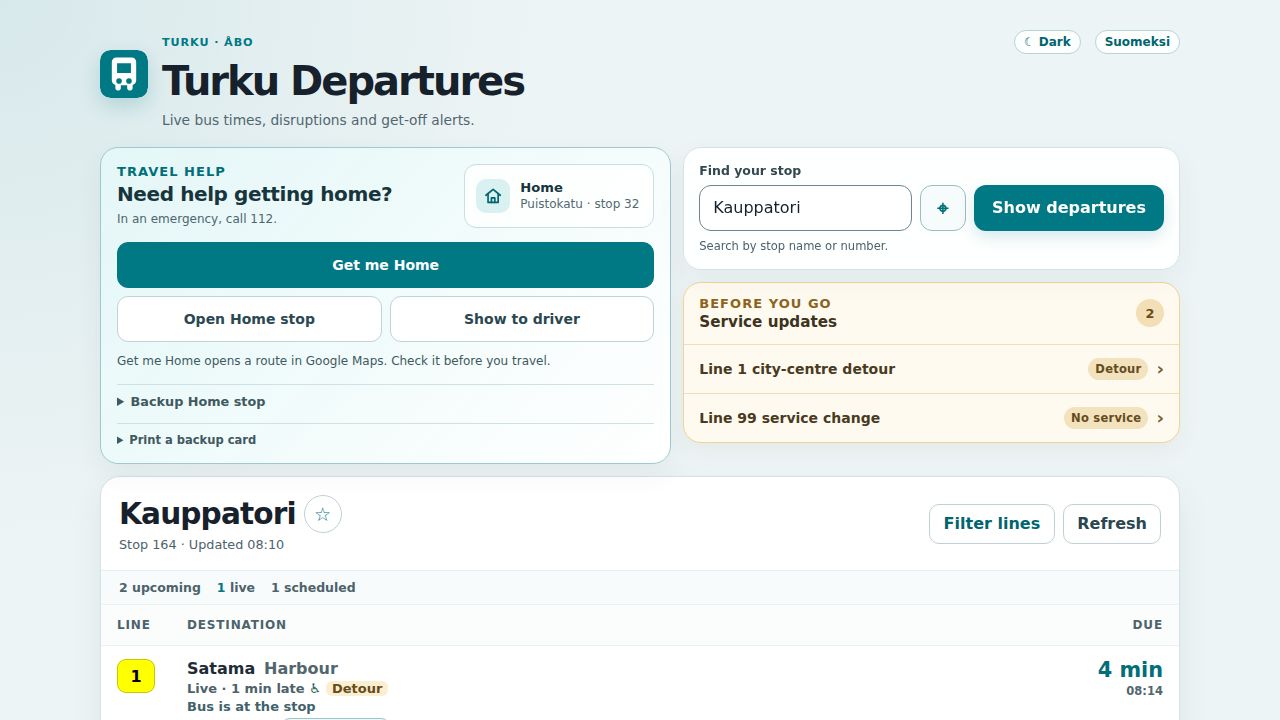 Turku Departures on desktop with departures, disruptions and Get me Home