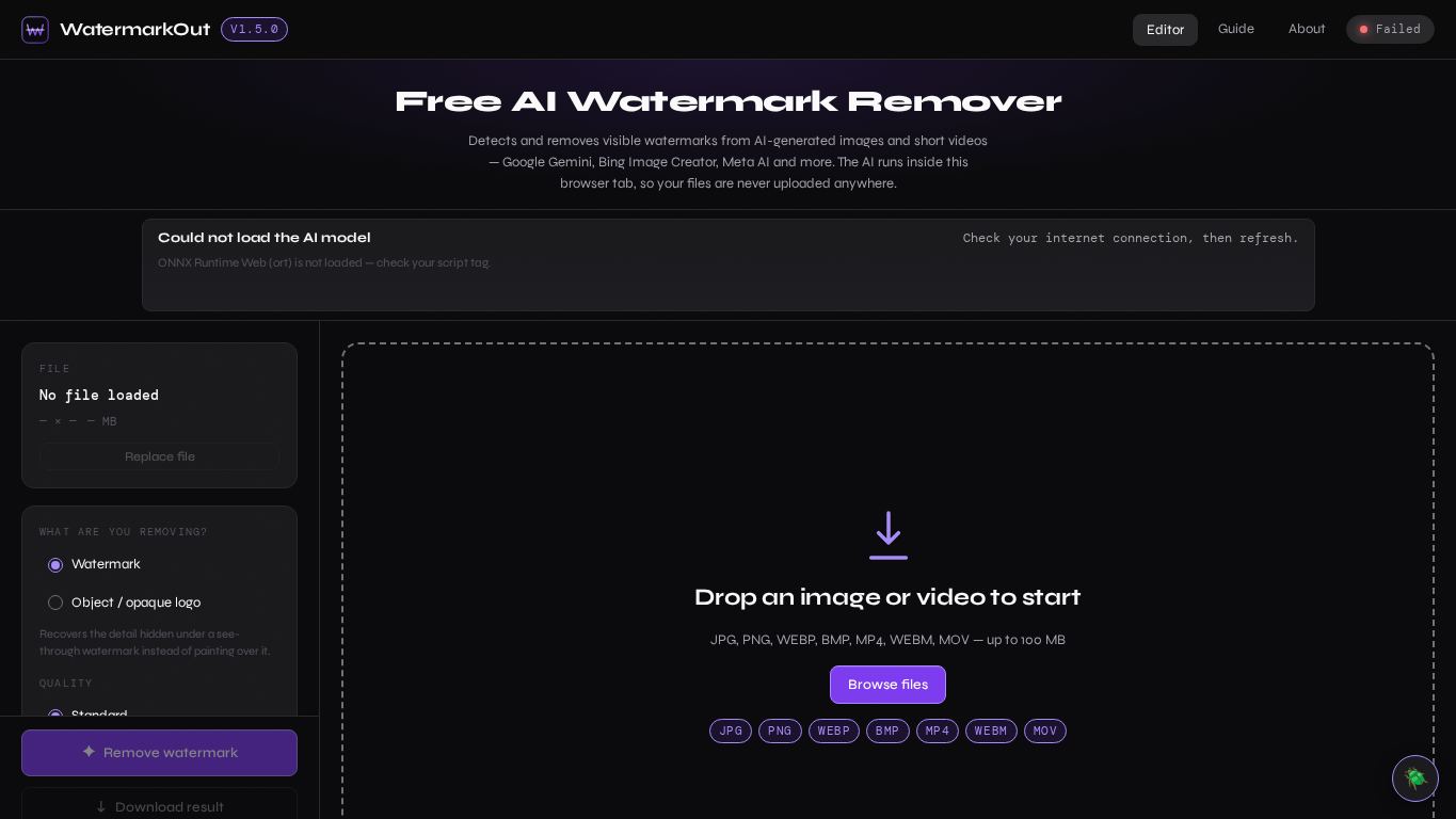 WatermarkOut — Free AI Watermark Remover desktop preview captured by PWAs.app