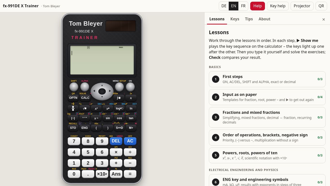 fx-991DE X Trainer · Tom Bleyer desktop preview captured by PWAs.app