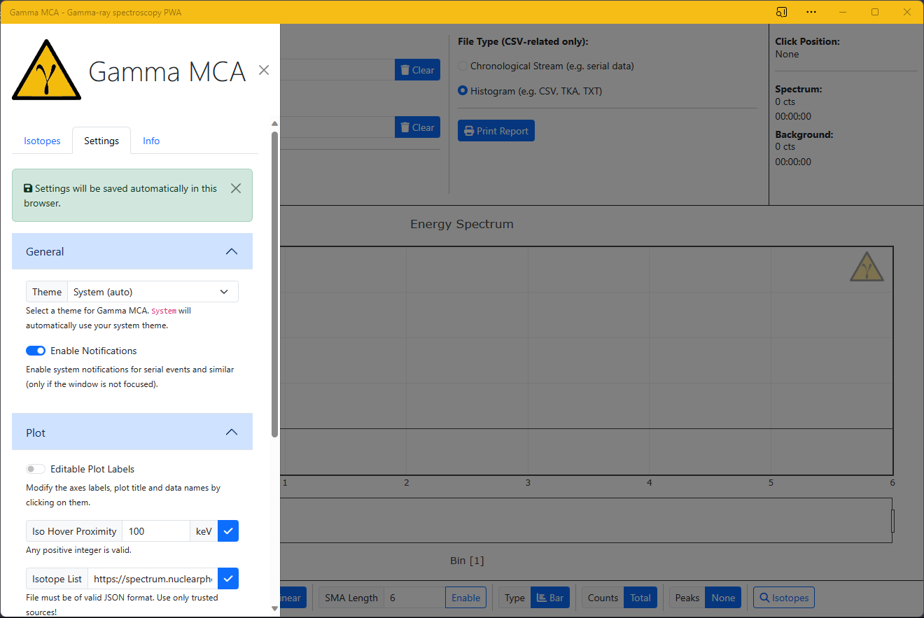 Opened settings panel with three menu points