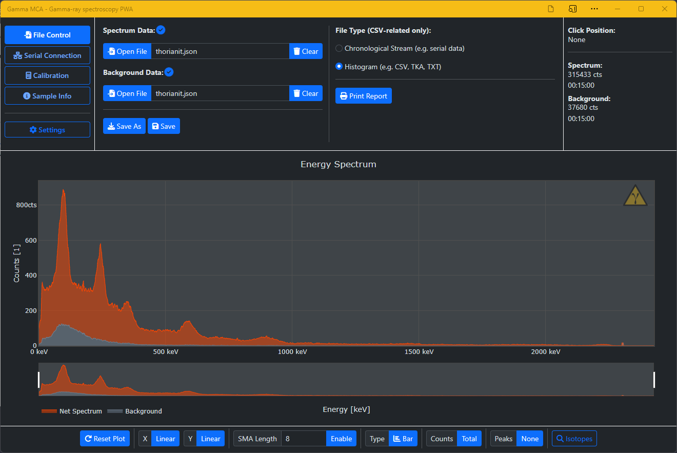 JSON spectrum file imported into the PWA and plotted in dark mode