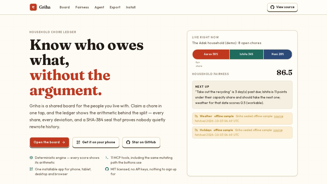 Griha — The household chore ledger that shows its working. desktop preview captured by PWAs.app