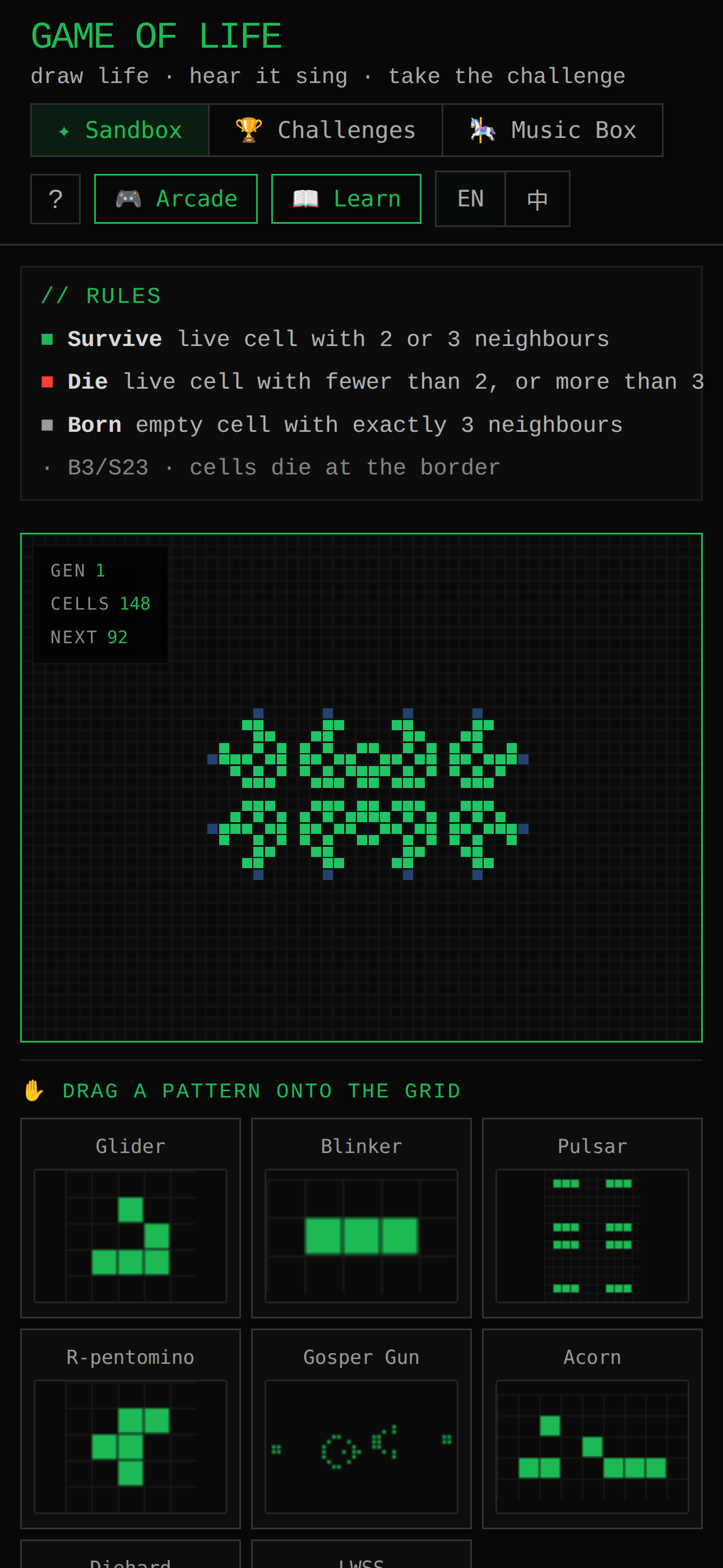 Game of Life — draw patterns and watch them evolve