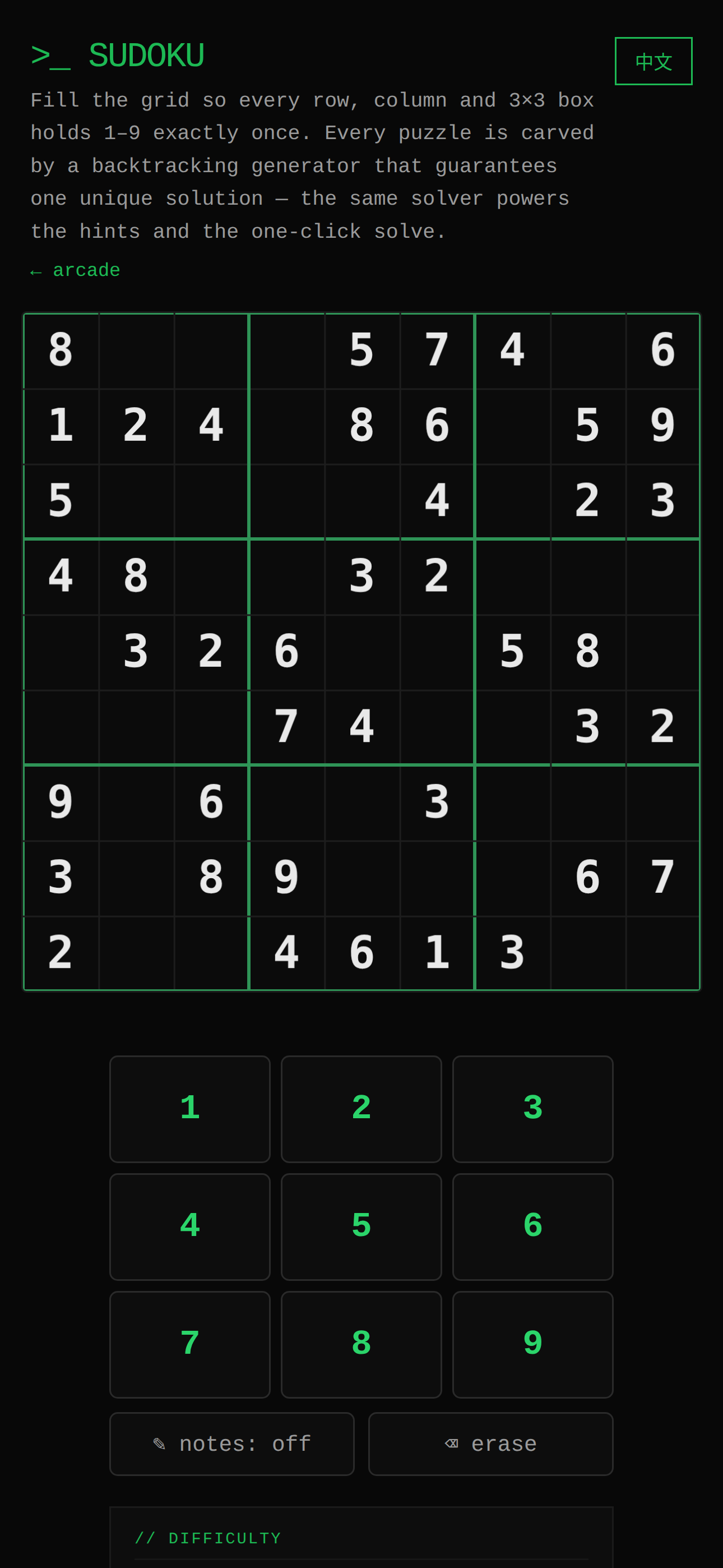 Sudoku — one unique solution, notes and hints
