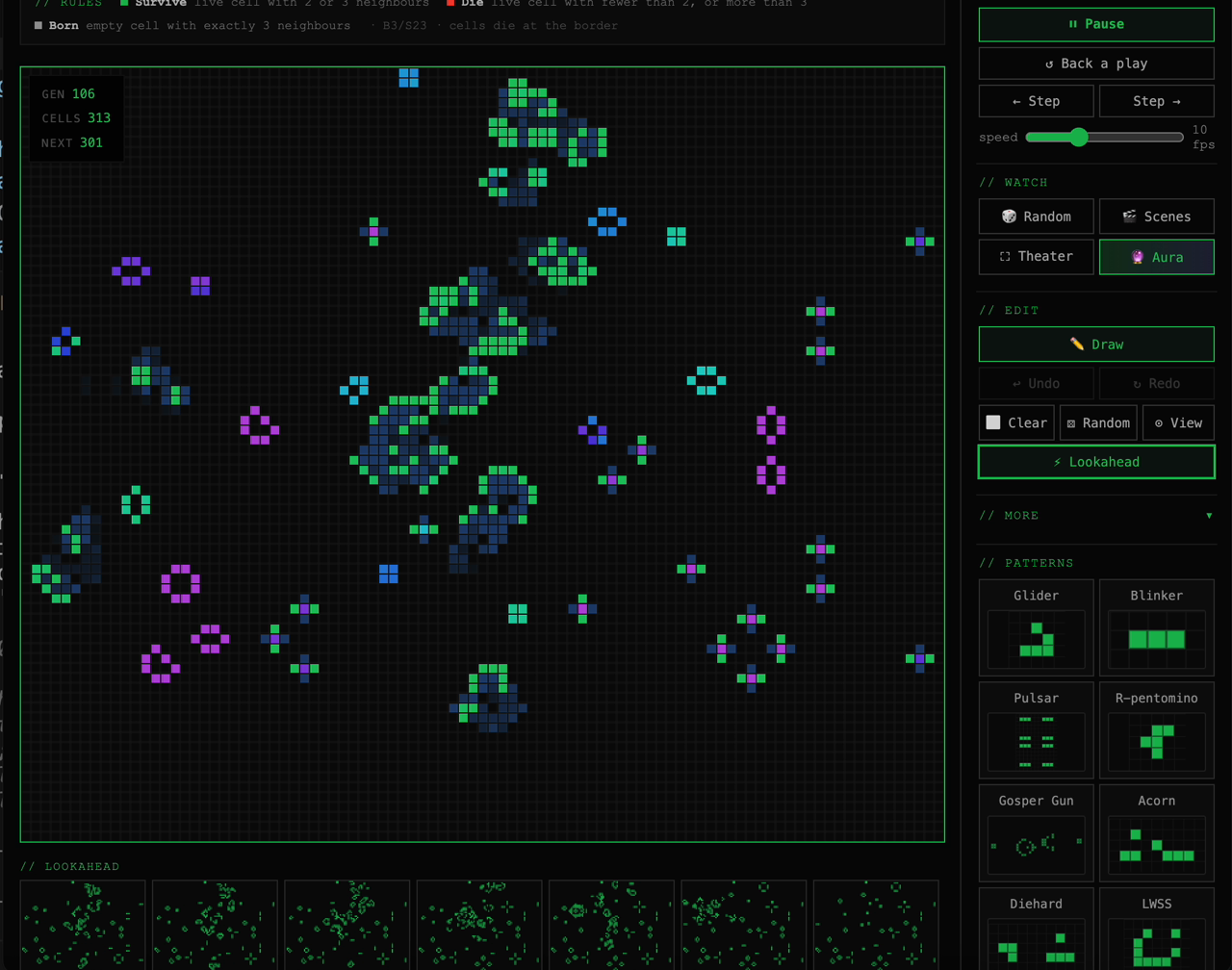 Game of Life — Aura mode, cells coloured by age