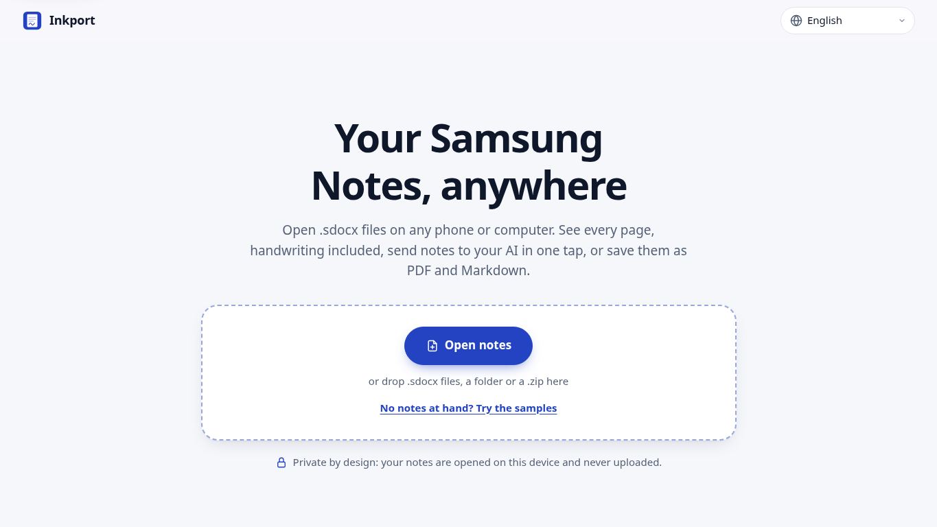 Inkport — your Samsung Notes, anywhere desktop preview captured by PWAs.app