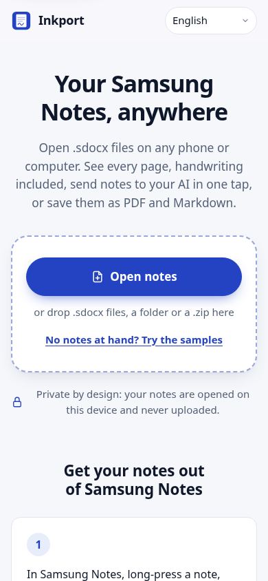 Inkport — your Samsung Notes, anywhere mobile preview captured by PWAs.app