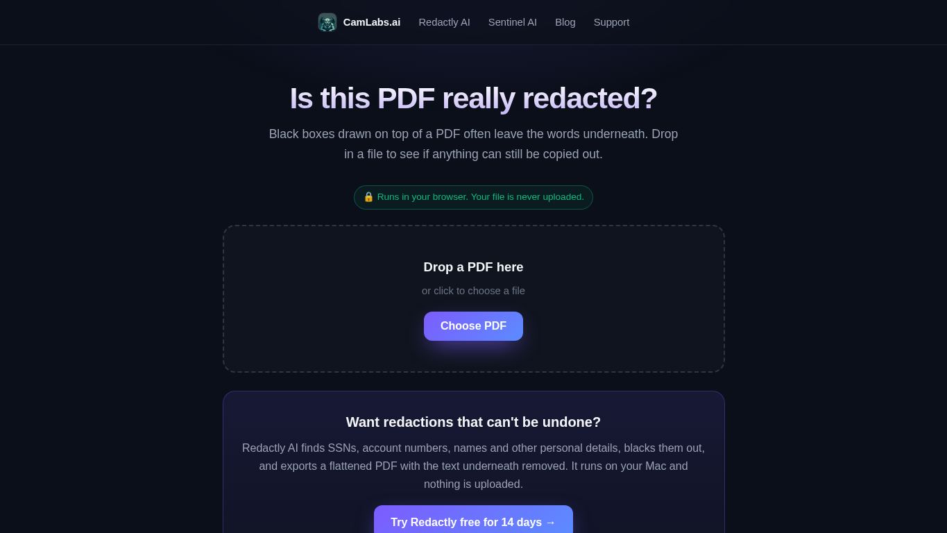 Redaction Checker by CamLabs desktop preview captured by PWAs.app