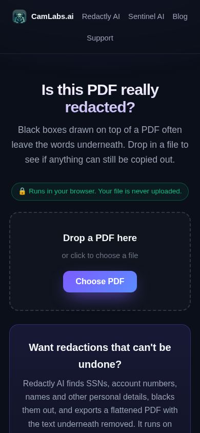 Redaction Checker by CamLabs mobile preview captured by PWAs.app