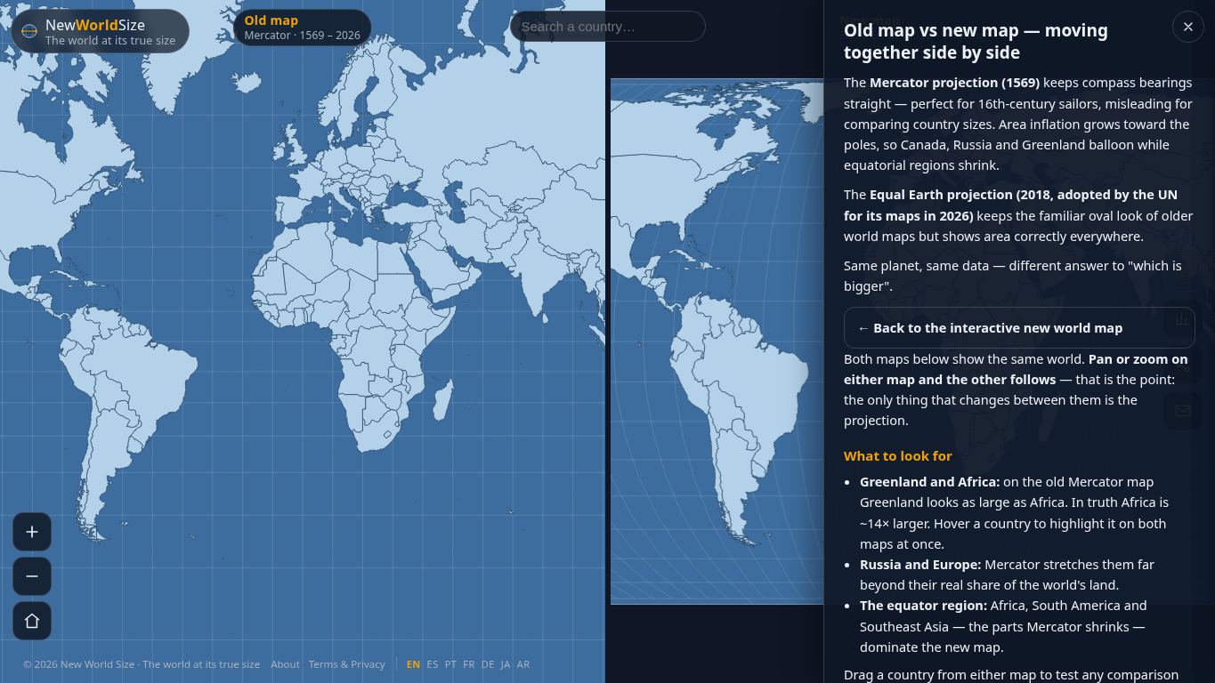 New World Size — True Size World Map desktop preview captured by PWAs.app