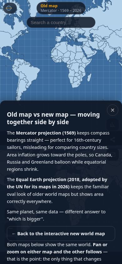 New World Size — True Size World Map mobile preview captured by PWAs.app
