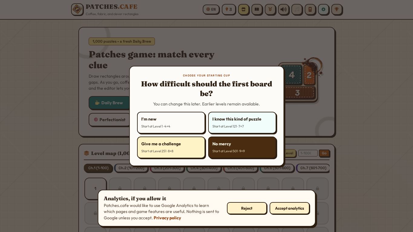 Patches.cafe – Cozy Logic Puzzles desktop preview captured by PWAs.app