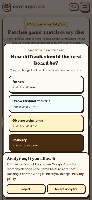 Patches.cafe – Cozy Logic Puzzles mobile preview captured by PWAs.app