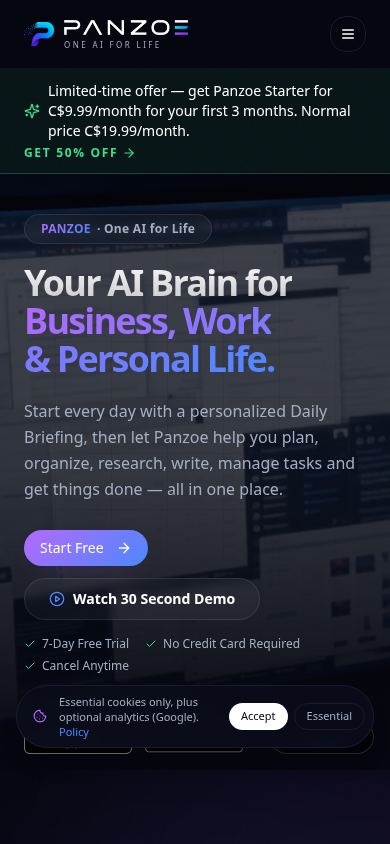 Panzoe — The AI Operating System for Life mobile preview captured by PWAs.app