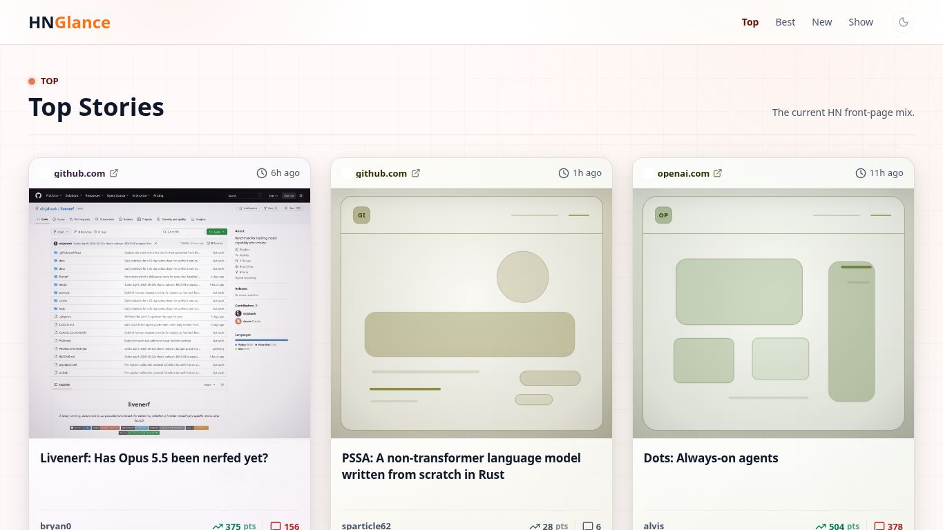 HN Glance desktop preview captured by PWAs.app