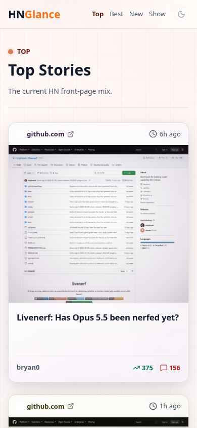 HN Glance mobile preview captured by PWAs.app