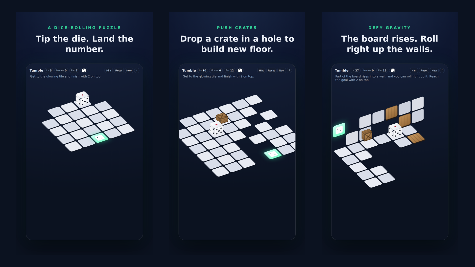 Tumble: a dice-rolling puzzle with crates, walls, and falling planks