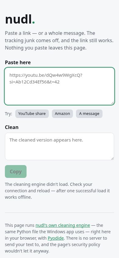 nudl — clean links mobile preview captured by PWAs.app