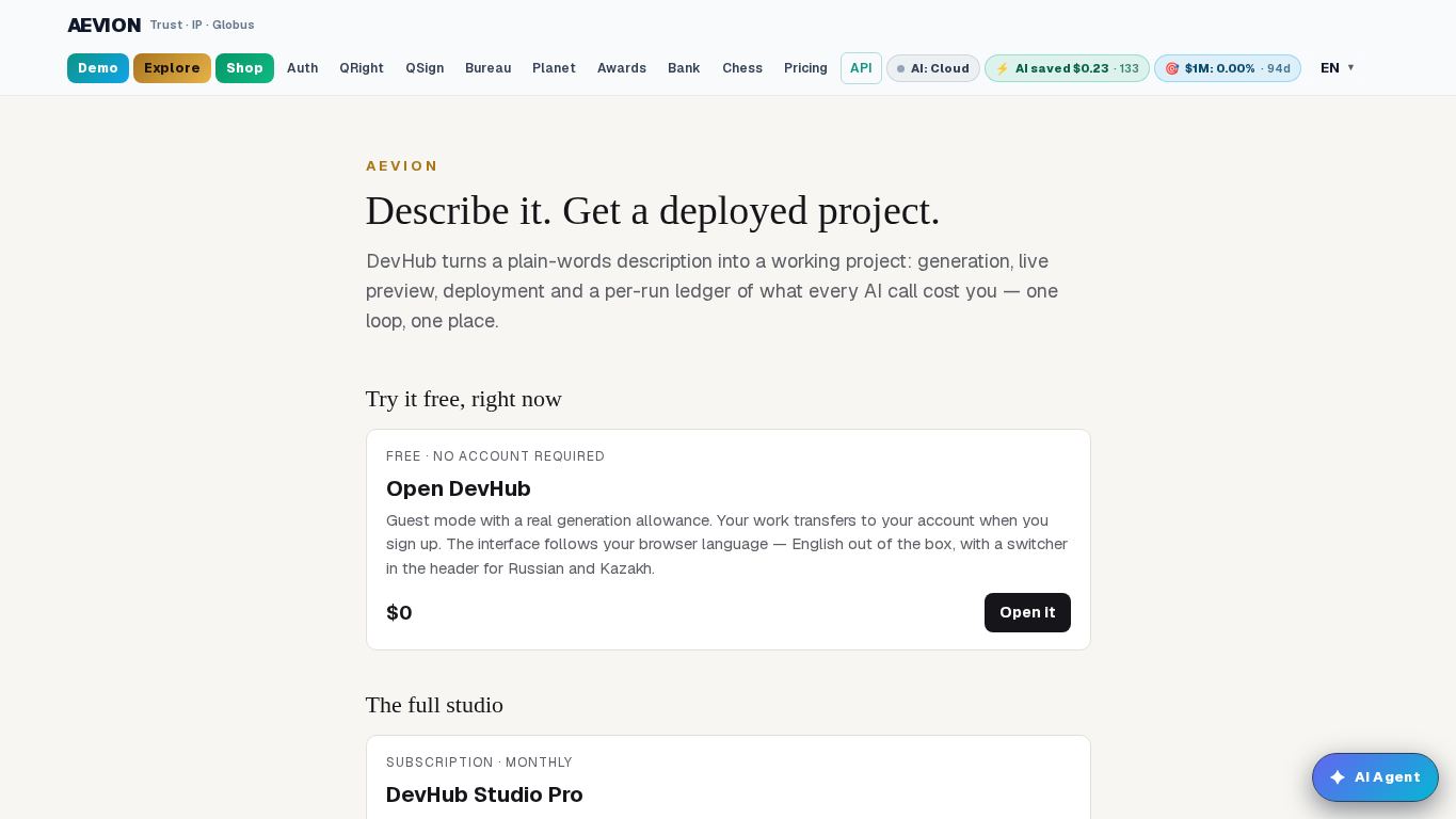AEVION — Trust infrastructure & Bank desktop preview captured by PWAs.app