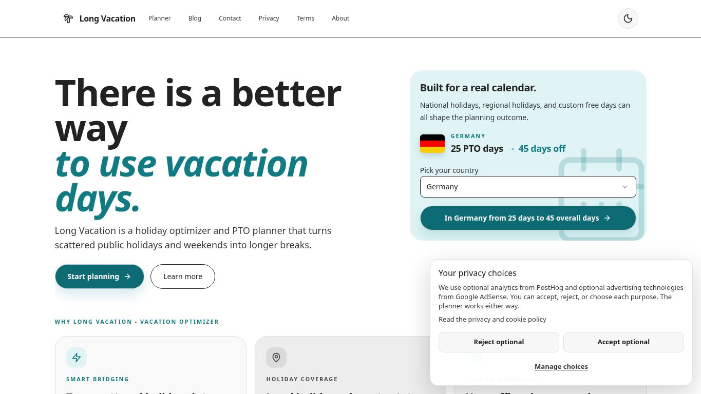 Long Vacation - Vacation Optimizer and Time Off Planner desktop preview captured by PWAs.app