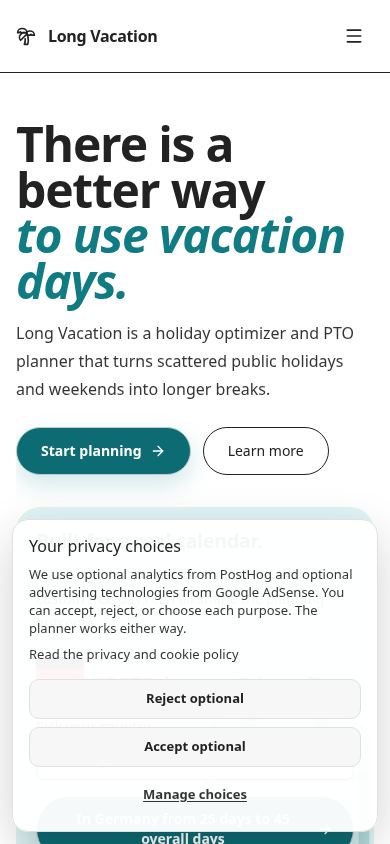Long Vacation - Vacation Optimizer and Time Off Planner mobile preview captured by PWAs.app