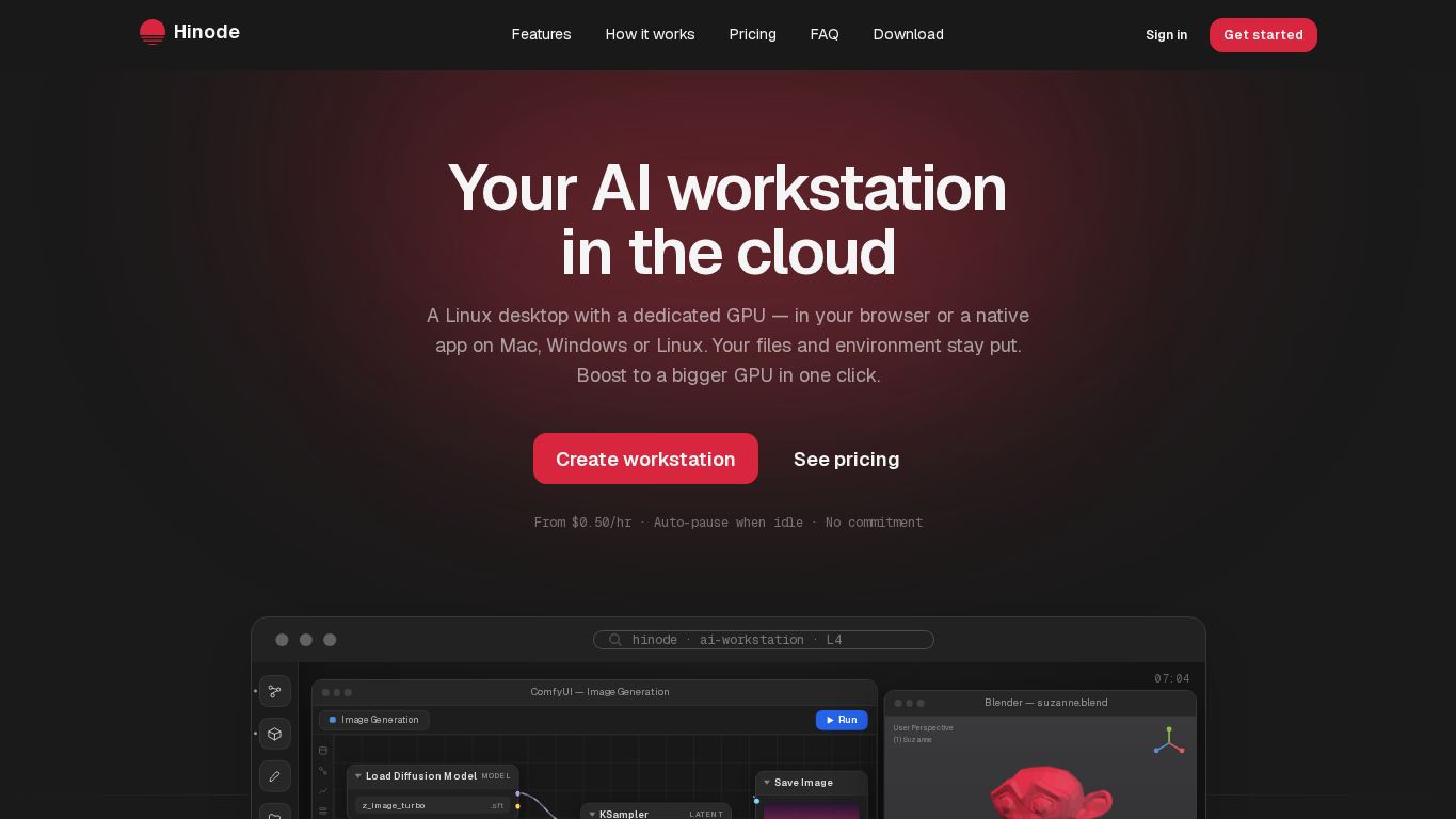 Hinode — Your AI workstation in the cloud desktop preview captured by PWAs.app