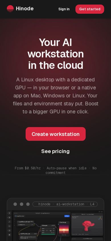 Hinode — Your AI workstation in the cloud mobile preview captured by PWAs.app