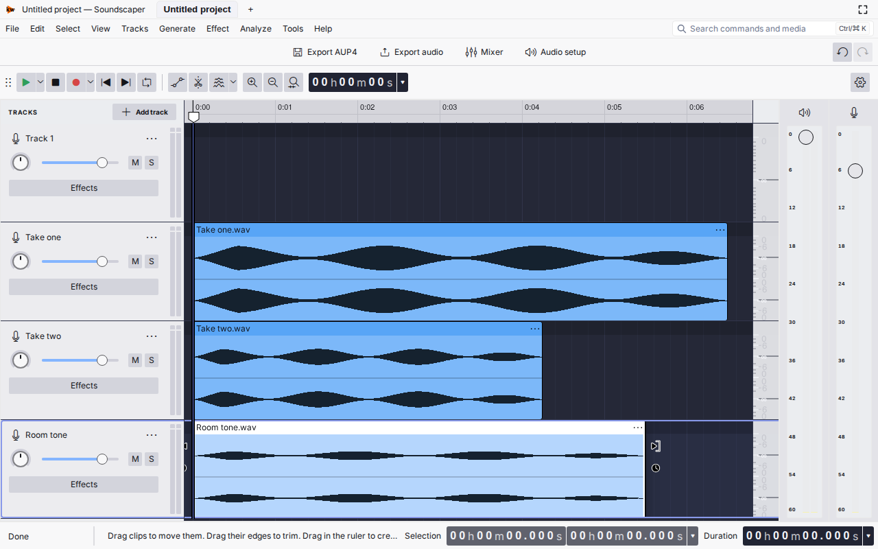 The editor in a desktop window: a multitrack timeline of clips, the track controls beside it, and the transport above.